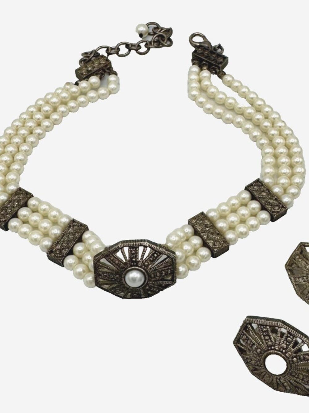 Vintage Heidi Daus Choker Faux Pearl Necklace and Earrings Set